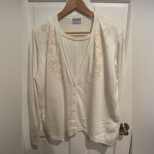 Alfred Dunner Cream Twin Attached Cardigan with Embroidered Details
